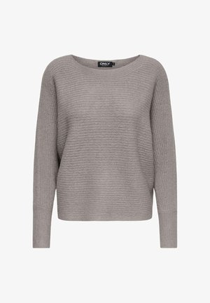 Jasnoszary sweter dziany z teksturowanym wzorem, szerokim okrągłym dekoltem i długimi rękawami, charakteryzujący się luźnym fasonem i ściągaczami.