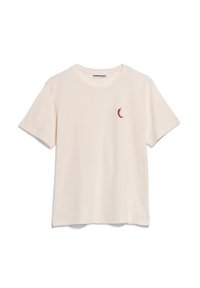 Ljusbeige bomullströja med korta ärmar, prydd med en liten broderad röd chilipeppar på vänster bröst. Klassisk rund halsringning.