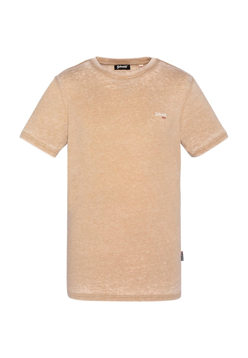 T-shirt beige a maniche corte realizzata in tessuto morbido. Presenta un collo rotondo e un piccolo logo rosso sul petto sinistro. Leggera e testurizzata.