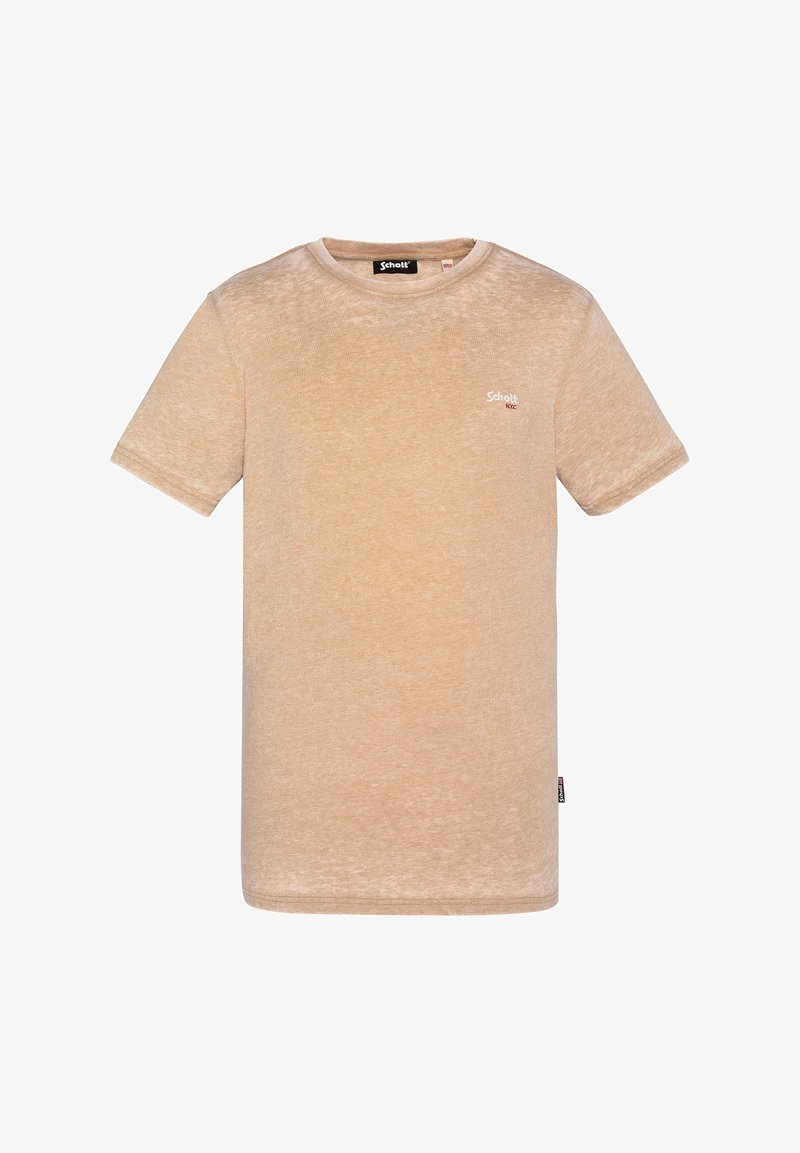 T-shirt beige a maniche corte realizzata in tessuto morbido. Presenta un collo rotondo e un piccolo logo rosso sul petto sinistro. Leggera e testurizzata.