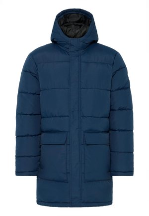 Giacca imbottita blu navy con cappuccio, caratterizzata da sezioni trapuntate, tasche frontali e chiusura con zip. Realizzata in materiale sintetico dalla texture liscia.