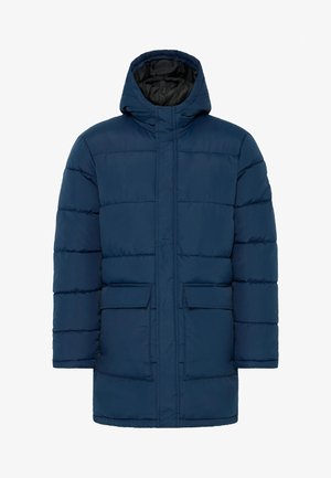 Tumši zilās puffer jakas ar kapuci, kurā ir quiltētas sekcijas, priekšējās kabatas un rāvējslēdzējs. Izgatavota no sintētiska materiāla ar gludu tekstūru.