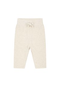 Hellbeige Baumwollhose mit weicher Textur, elastischem Bund und Kordelzug. Gerade geschnittenes Bein ohne Taschen.