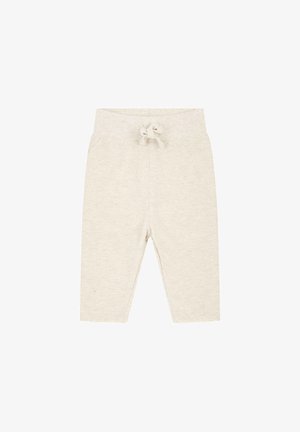 Hellbeige Baumwollhose mit weicher Textur, elastischem Bund und Kordelzug. Gerade geschnittenes Bein ohne Taschen.