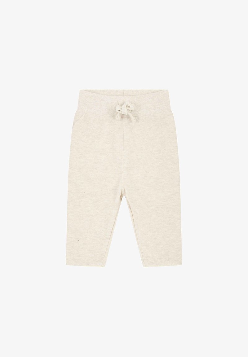 Hellbeige Baumwollhose mit weicher Textur, elastischem Bund und Kordelzug. Gerade geschnittenes Bein ohne Taschen.