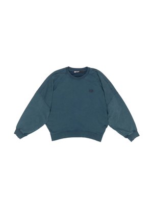 Dark teal sweatshirt with raglan sleeves, ribbed cuffs and hem, featuring a small logo on the chest. Soft, casual cotton blend material.