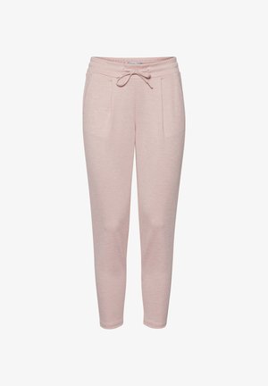 Pantalon de jogging rose clair fuselé avec taille élastique et cordon de serrage, doté de poches avant et d'un tissu doux et texturé.