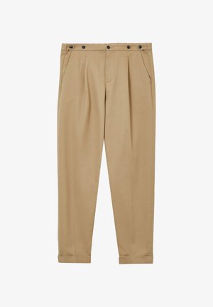 Beige Hosen aus glattem Stoff, mit geplisster Vorderseite, zwei Seitentaschen, einem knopfverzierten Bundverschluss und umgeschlagenen Säumen.