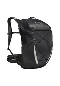 Zaino nero realizzato in tessuto leggero e texturizzato. Presenta spallacci in rete, un design con cordino elastico sulla parte anteriore e dettagli riflettenti.