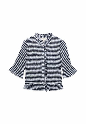 Granatowo-biała bluzka w kratkę z marszczoną fakturą, falbankowym kołnierzykiem, zapięciem na guziki z przodu, rozkloszowanymi rękawami o długości za łokieć oraz falbaniastym dołem.