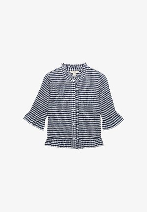 Blouse à carreaux bleu marine et blanc avec texture froncée, col à volants, devant boutonné, manches évasées trois-quarts et ourlet à volants.