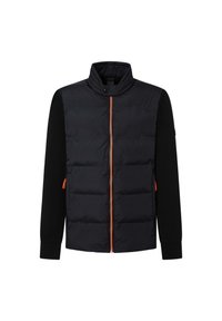 Veste matelassée noire à manches longues, col montant, avec une fermeture éclair orange et des tirettes de fermeture éclair orange sur le devant et les poches.