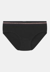Culotte noire en coton avec une texture douce, dotée d'une ceinture étroite à rayures métalliques en rose doré. Design classique, coupe couvrante.