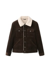 Brun fløjlsjakke med hvid sherpa-krave, med to brystlommer, sidelommer og forreste trykknaplukning.