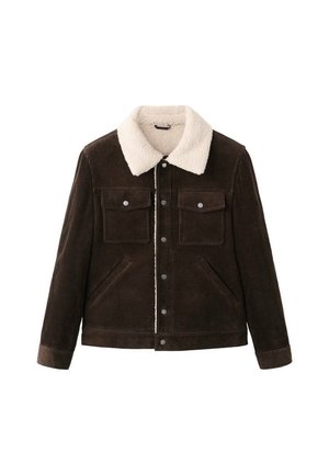 Rjava kordurova jakna z belim ovratnikom iz šerpa tkanine, z dvema prsnima žepoma, stranskima žepoma in sprednjim zapiranjem na pritisne gumbe.