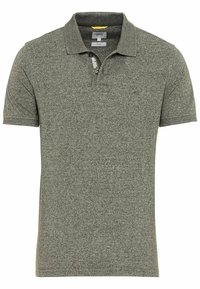 Polo shirt van gemêleerde groene stof met korte mouwen, een kraag en een drieknopsluiting. Gestructureerd oppervlak met een aansluitend ontwerp.