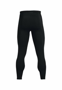 Leggings sportivi neri con un design aderente e una superficie liscia. Presentano un cinturino a vita media e un logo discreto sul retro.