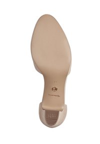Sola di una scarpa con tacco alta beige, con una texture liscia, forma arrotondata e sottili dettagli in rilievo. Presenta un logo circolare e l'iscrizione della taglia.