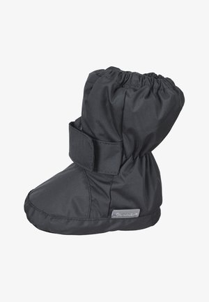 Botte d'hiver isolante noire avec sangle Velcro ajustable et manchette supérieure élastique pour un maintien confortable et une bonne chaleur.