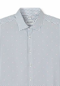 White button-up shirt with a small navy blue and red repeating pattern and a pointed collar, labeled size 40/15½.