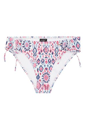 Bikini donji dio od bijelog materijala s raznobojnim ikat uzorkom u ružičastoj, plavoj i tamnoplavoj boji, s podesivim vezicama sa strane za bolje prilagođavanje.