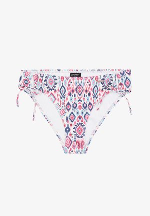 Bikini donji dio od bijelog materijala s raznobojnim ikat uzorkom u ružičastoj, plavoj i tamnoplavoj boji, s podesivim vezicama sa strane za bolje prilagođavanje.