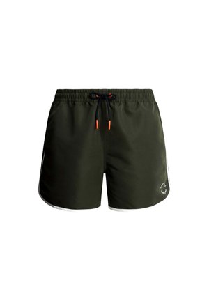 Bañador de color verde oscuro con cintura elástica, cordón negro, puntas naranjas y acentos laterales blancos. Presenta un pequeño detalle de logo.