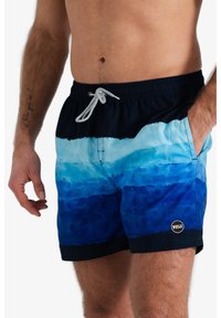 Zwemshorts voor heren in een gradatie van blauwe tinten, met een trekkoord in de taille en zijzakken; gemaakt van lichtgewicht, sneldrogend materiaal.