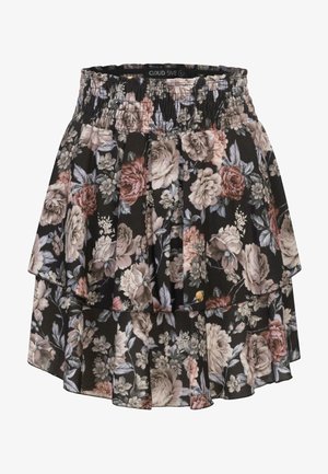 Melna ziedu svārki ar elastīgu jostasvietu, ar slāņiem, kas rotāti ar lieliem rozā un krēmveida rozeņu un zaļu lapu motīviem.