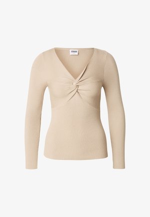 Top de manga larga de punto acanalado beige con un detalle de nudo torcido en el escote en V.
