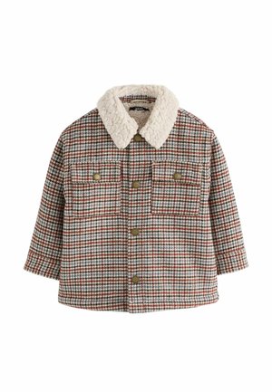 Kinder braun-rot kariertes Jacke mit Knopfleiste vorne, weichem cremefarbenem Sherpa-Kragen und Brusttaschen.