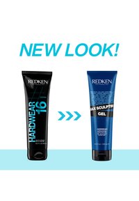 Twee haargel tubes: één zwarte met het etiket "Hardwear 16" en één blauwe met het etiket "Max Sculpting Gel," beide met een strak ontwerp en heldere tekst.