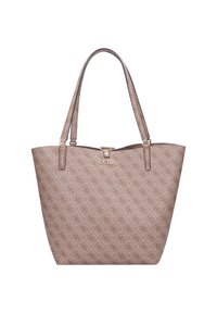 Grand sac fourre-tout beige avec une surface à motifs, comportant un logo, deux anses et une fermeture à pression en haut. Texture lisse.