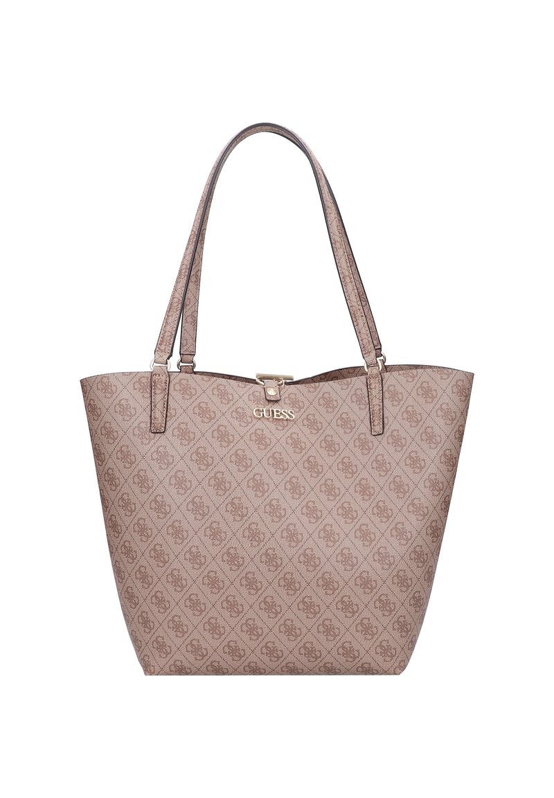 Grand sac fourre-tout beige avec une surface à motifs, comportant un logo, deux anses et une fermeture à pression en haut. Texture lisse.