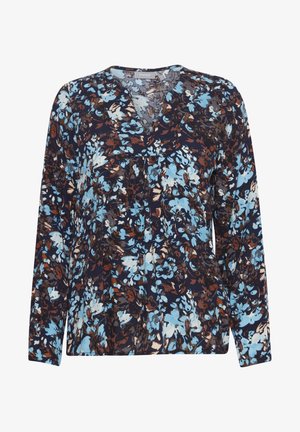 Blusa floreale con maniche lunghe, scollo a V e sfondo blu navy. Presenta motivi floreali blu e marroni di varie dimensioni su tutto il tessuto.