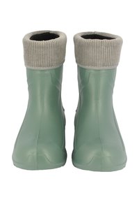 Bottes en caoutchouc vertes avec un revers gris à nervures. Texture lisse et design à bout rond. La tige s'étend au-dessus de la cheville pour une protection supplémentaire.