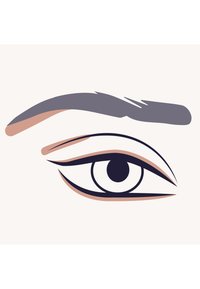 Linjeillustration av ett öga med en mörk iris, omgiven av beiga och rosa accenter, med en stiliserad grå ögonbryn.