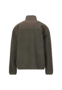 Veste en polaire vert olive foncé avec col haut, corps texturé et panneaux d'épaules lisses. Manches longues, sans matériel visible.