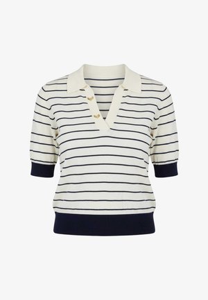 Top bianco in maglia a maniche corte con righe orizzontali blu navy, colletto a V, dettagli con bottoni dorati e polsini e orlo a coste blu navy.