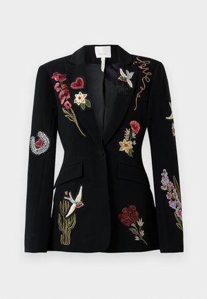 Schwarze Blazer mit aufwendiger Stickerei von Blumen, Herzen und Vögeln in verschiedenen Farben. Verfügt über einen klassischen Revers und zwei Vordertaschen.