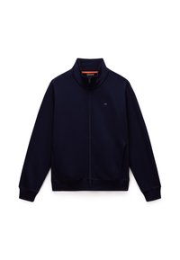Marineblå zip-up jakke laget av myk, teksturert stoff. Har høy krage, sidelommer og ribbestrikkede mansjetter og kant for en tettsittende look.