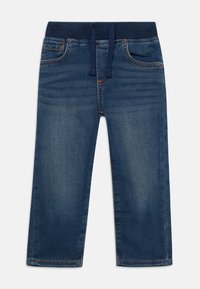 Pantalones jogger de mezclilla azul para ni�ños con cinturilla elástica y cordón marino, bolsillos frontales y detalles de costura en naranja.