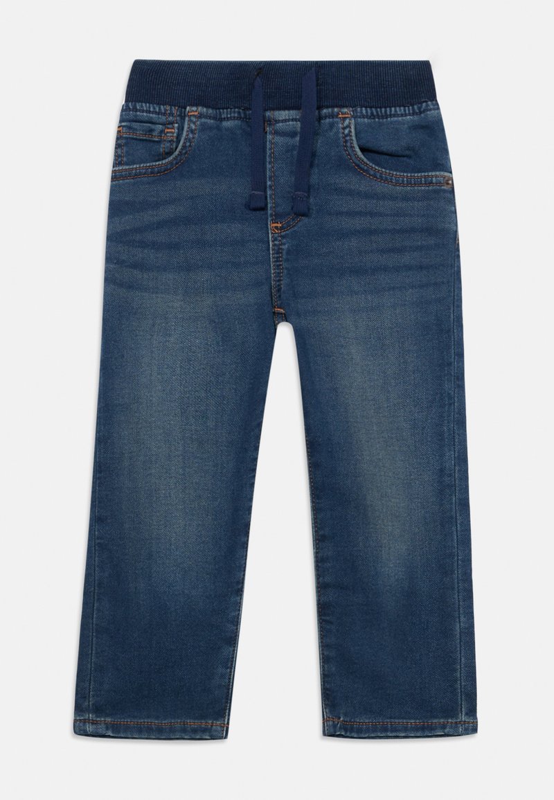 Pantalons de jogging en denim bleu pour enfants avec taille élastique et cordon de serrage bleu marine, poches avant et détails de surpiqûres orange.