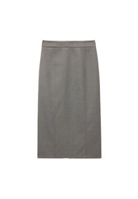 Falda de lápiz gris con una silueta recta, costuras ajustadas y una textura suave. El diseño incluye una cintura alta para un ajuste seguro.