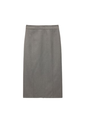 Jupe crayon grise avec une silhouette droite, des coutures sur mesure et une texture lisse. Le design comprend une taille haute pour un ajustement sécurisé.