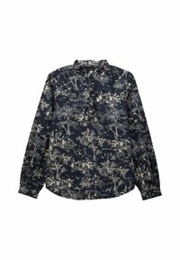 Marineblaue Bluse mit langen Ärmeln, украшенной weißen, kunstvollen Natur- und Tiermotiven, gerafftem Kragen und geknöpften Manschetten.