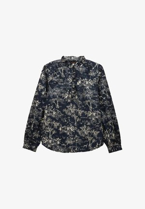 Marineblaue Bluse mit langen Ärmeln, украшенной weißen, kunstvollen Natur- und Tiermotiven, gerafftem Kragen und geknöpften Manschetten.