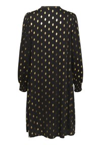 Črna obleka z zlatim pikastim vzorcem, dolgimi napihnjeni rokavi z elastičnimi manšetami in ohlapnim krojem. Mehka tkanina z gladko teksturo.