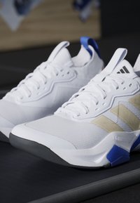 Coppia di scarpe da ginnastica bianche con strisce beige e dettagli blu posizionate su una superficie scura con i lacci annodati.