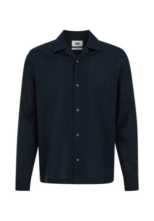 Meeste tumesinine pikkade varrukatega nööbitav särk terava kraega, lihtsa esiküljega ja keskel nähtavate nööpidega.